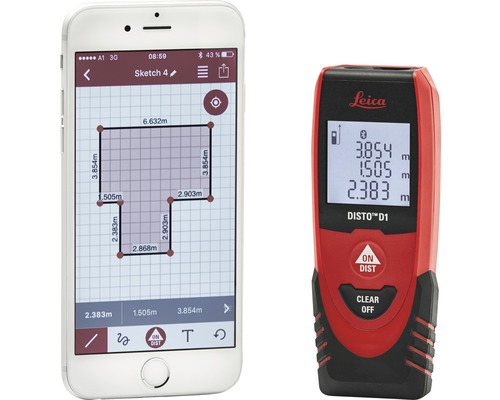 Leica Disto D1 Laser-Messgerät neben einem Smartphone mit App-Darstellung eines Grundrisses