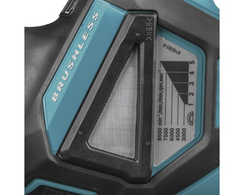 Detailansicht einer Maschine mit Brushless Aufschrift und Drehzahltabelle