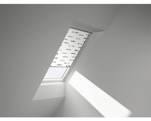 Store occultant VELUX Kids voitures de course à commande manuelle cadre blanc DKL M08 4654SWL