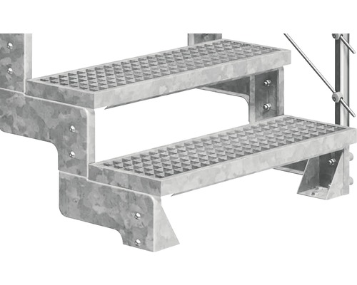 Vue détaillée d''un escalier galvanisé à deux marches.