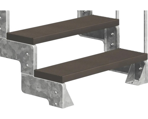 Zweistufige Treppe aus Metall mit braunen Stufenbelägen
