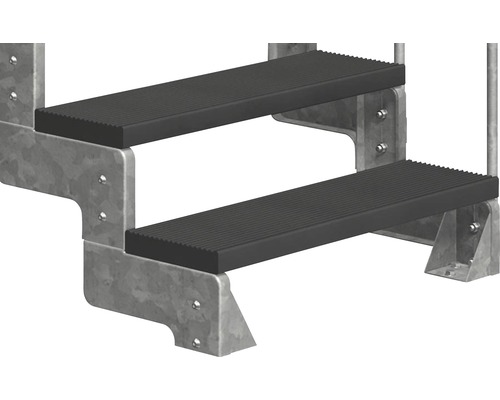 Vue détaillée d''un escalier à deux marches avec cadre métallique et marches à structure nervurée