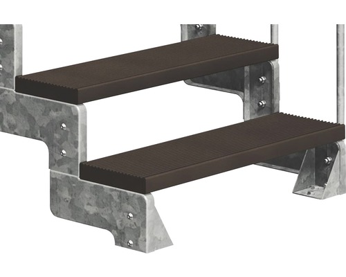 Deux marches d''escalier en acier galvanisé avec surfaces de marche brunes