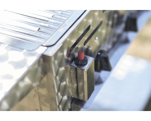 Detailansicht eines Gasgrills mit Zündungsknopf und Bedienfeld