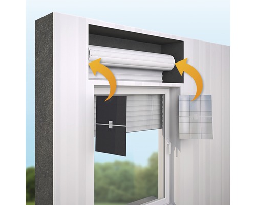 Illustration eines Fensters mit Rollladenkasten und heruntergelassenem Rollladen.