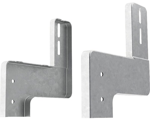 Detailansicht von zwei Wandhalterungen aus Metall mit Befestigungslöchern