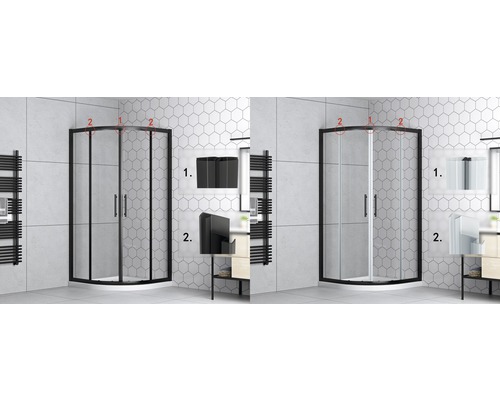 Douche d''angle avec cadre noir ou blanc et détails des composants de fixation