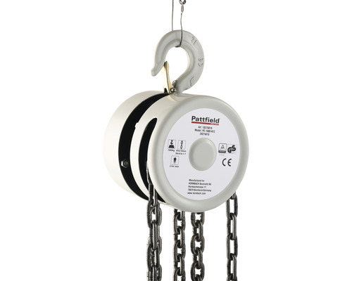 Palan à chaîne Pattfield avec une capacité de charge maximale de 1000 kilogrammes.