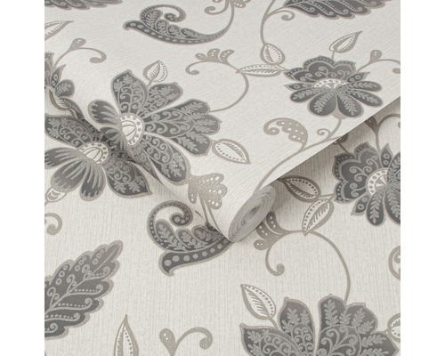 Rouleau de papier peint floral texturé avec motif floral en gris et blanc