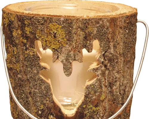 Rondin de bois décorative avec motif cerf et poignée de transport