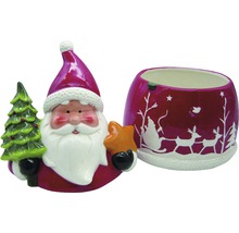 Dekoratives Keramikset bestehend aus Weihnachtsmannfigur mit Baum und Stern sowie passendem Übertopf mit Wintermotiven