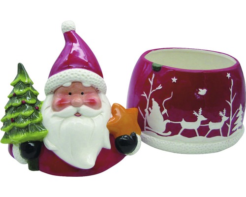 Dekoratives Keramikset bestehend aus Weihnachtsmannfigur mit Baum und Stern sowie passendem Übertopf mit Wintermotiven