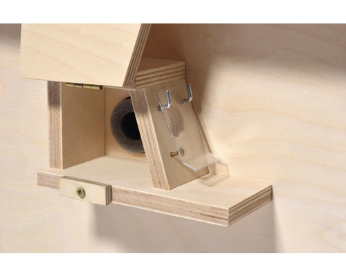 Construction de nichoir en bois ouverte avec porte latérale et fermeture