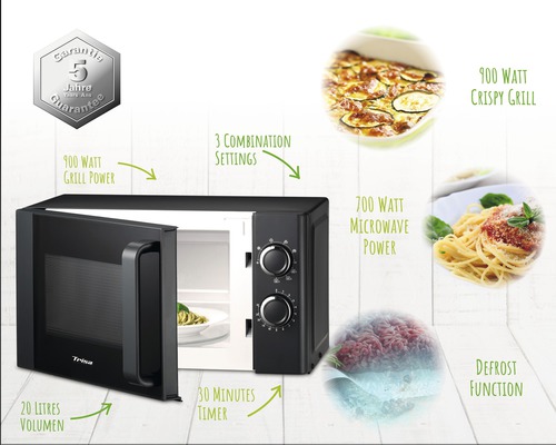 Micro-ondes Trisa avec volume de 20 litres, puissance du gril de 900 watts, puissance du micro-ondes de 700 watts, trois niveaux de combinaison, minuterie de 30 minutes, fonction de décongélation et garantie de cinq ans