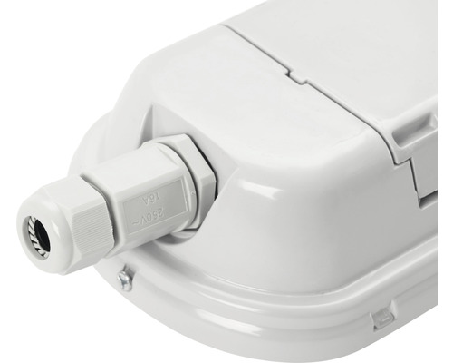 Vue détaillée d''un luminaire blanc pour pièces humides avec presse-étoupe