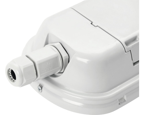 Gros plan du raccordement d''un luminaire pour pièces humides blanc