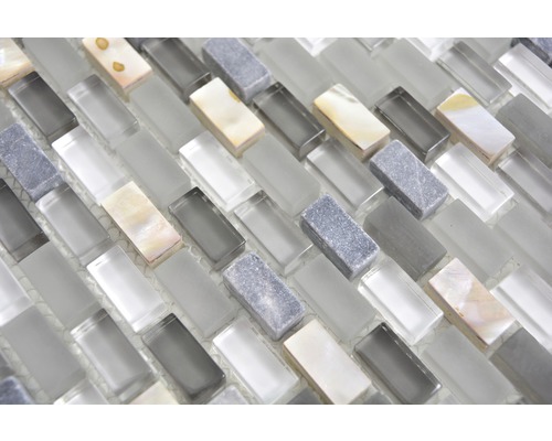 Mosaikfliese mit Glas-, Naturstein- und Muschelelementen