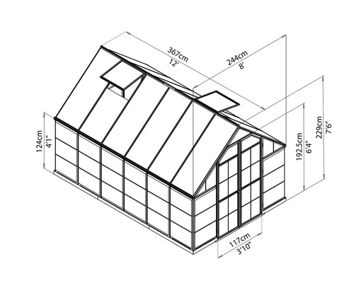 Dessin d''une serre mesurant 367 centimètres de long, 244 centimètres de large et 229 centimètres de haut.
