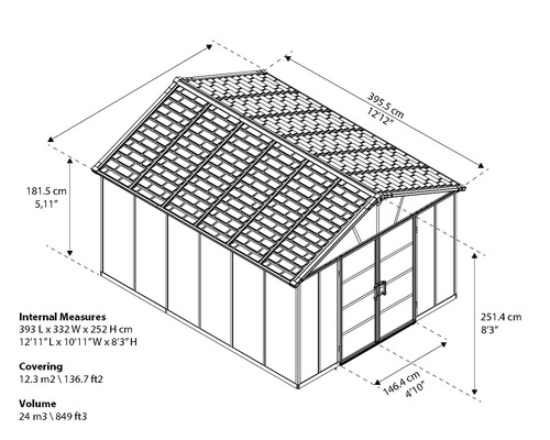 Dessin technique d''une serre indiquant les dimensions de la longueur, de la largeur, de la hauteur, de la superficie et du volume.