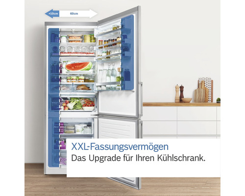 Réfrigérateur ouvert avec des aliments et une capacité XXL