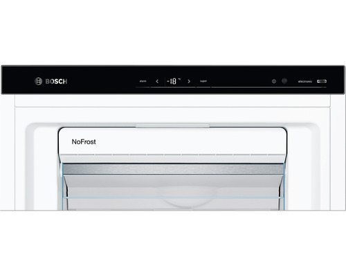 Vue détaillée d''un congélateur doté de la technologie NoFrost et du logo Bosch