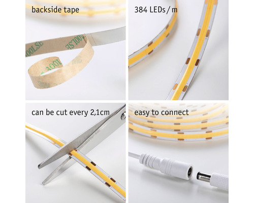 Bande LED avec ruban adhésif au dos, 384 LED par mètre, peut être coupée tous les 2,1 cm, facile à connecter.