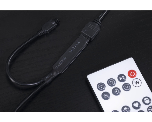 Schwarzes Kabel mit Stecker und eine weisse Fernbedienung
