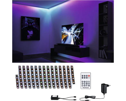 Wohnzimmer mit indirekter Beleuchtung durch LED-Streifen, inklusive Fernbedienung, Netzteil und Steuerung