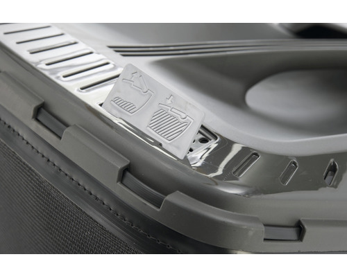 Vue détaillée d''une tondeuse à gazon avec un indicateur de niveau de remplissage