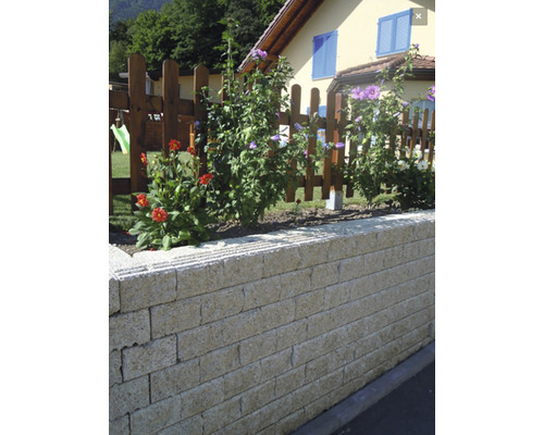 Muret de jardin en pierre avec fleurs et clôture en bois