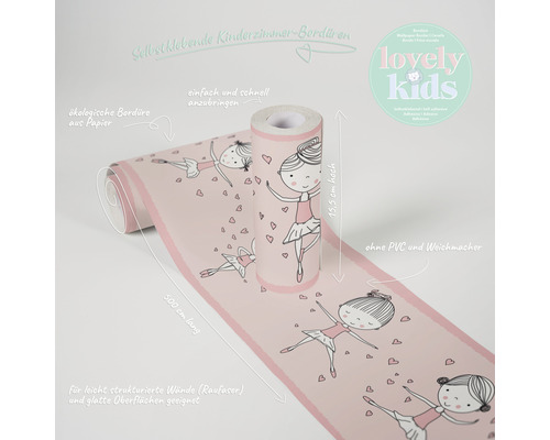 Selbstklebende Bordüre für das Kinderzimmer mit Ballerina Motiven, Länge 500 cm, Höhe 15,5 cm