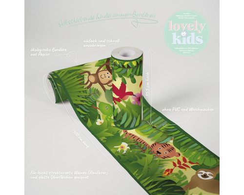 Selbstklebende Kinderzimmerbordüre mit Dschungelmotiven, 500 cm lang und 15,5 cm hoch