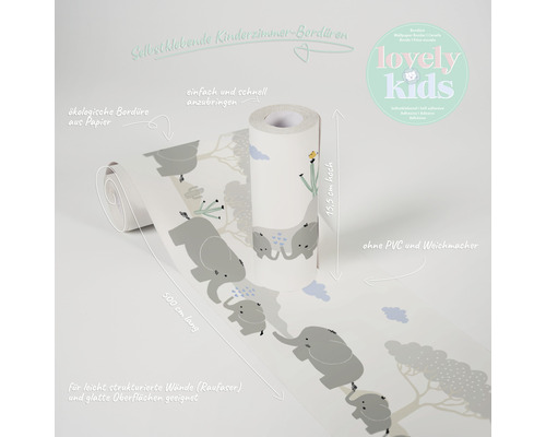 Selbstklebende Bordüre für Kinderzimmer mit Elefantenmotiv, 15,5 cm hoch und 500 cm lang
