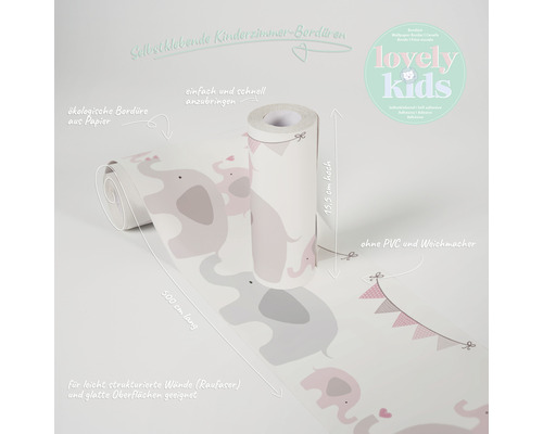 Selbstklebende Kinderzimmer Bordüre mit Elefanten Motiv, 15,5 cm hoch und 500 cm lang