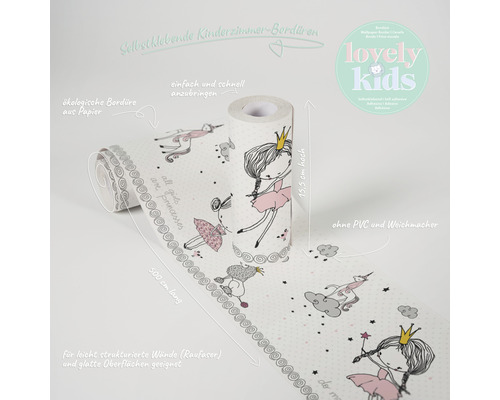 Selbstklebende Kinderzimmer Bordüre mit Prinzessinnen Motiven, 15,5 cm hoch und 500 cm lang, geeignet für leicht strukturierte Wände
