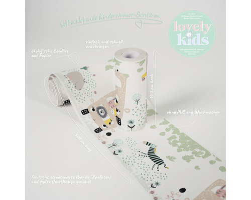 Kinderzimmer Bordüre mit Tiermotiven, selbstklebend, 15,5 cm hoch und 500 cm lang