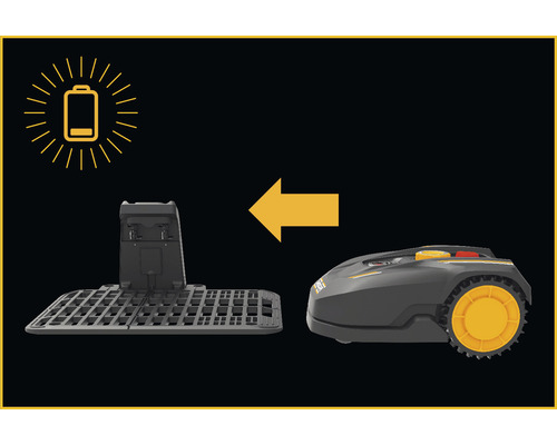 Station de charge pour robot de tonte avec symbole de batterie et flèche vers le robot