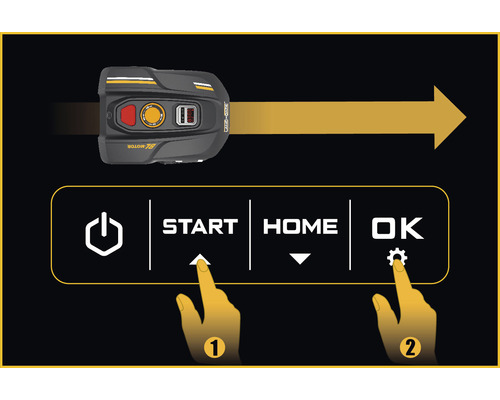 Illustration d''un robot tondeuse avec panneau de commande et flèche indiquant sa direction