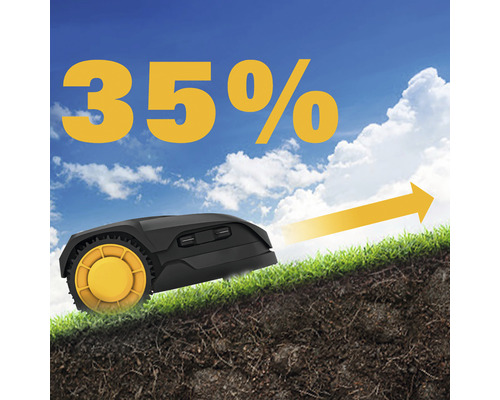 Robot tondeuse à gazon sur une colline avec le texte 35 pour cent