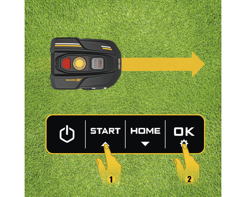 Illustration d''un robot tondeuse avec affichage du panneau de commande sur une pelouse