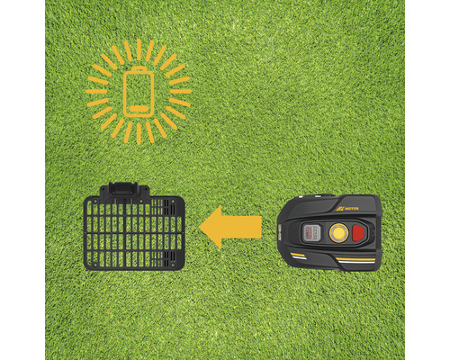 Illustration d''un robot de tonte avec une batterie pleine et son bac de ramassage.