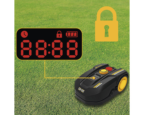 Robot tondeuse à gazon sur pelouse avec affichage numérique, symbole de cadenas et symbole de batterie