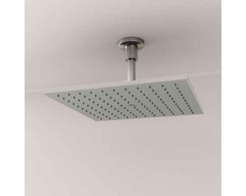Douche de tête carrée pour montage au plafond dans la salle de bain.