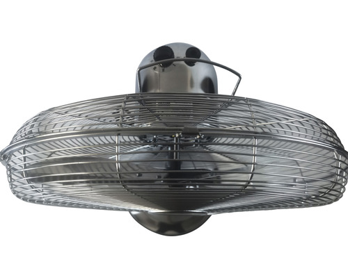 Ventilateur de plafond avec boîtier métallique et grille de protection.