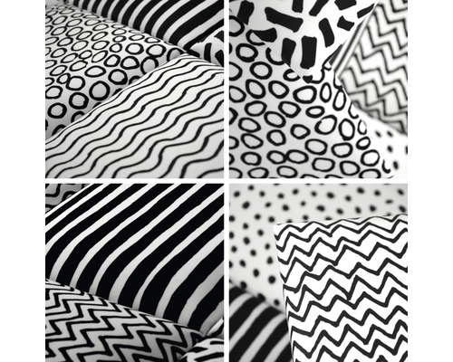 Collage de différents coussins à motifs noirs et blancs