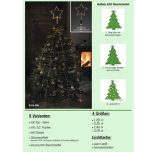 Geschmückter Weihnachtsbaum mit LED-Baummantel und Sternspitze sowie einer Montageanleitung