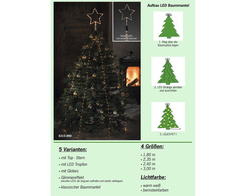 Geschmückter Weihnachtsbaum mit LED-Baummantel und Sternspitze sowie einer Montageanleitung