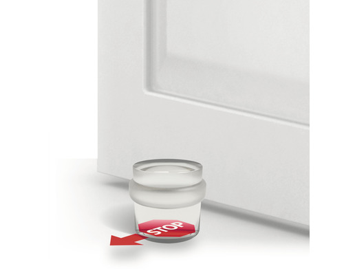 Butée de porte en matériau transparent avec panneau stop rouge devant une porte