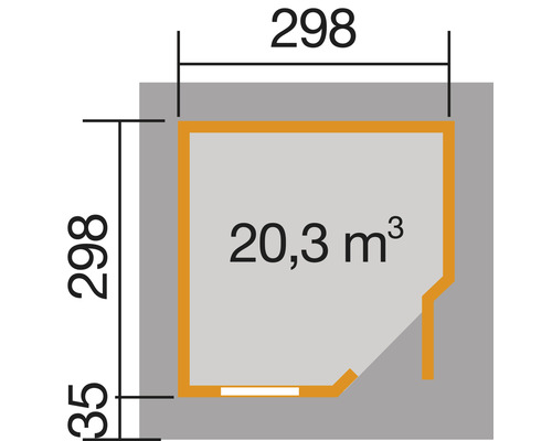 Grundriss mit den Massen 298 x 298 x 35 Zentimeter und einem Rauminhalt von 20,3 Kubikmetern