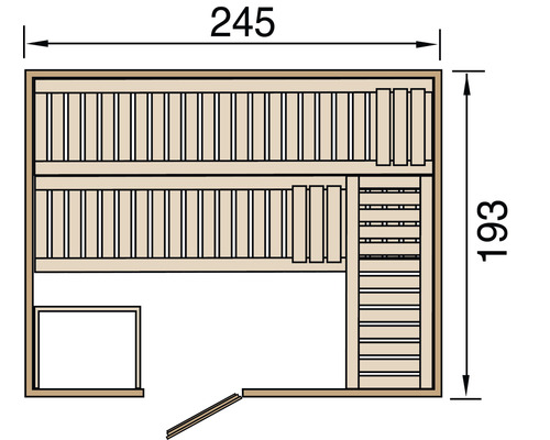 Grundriss einer Sauna mit Abmessungen 245 mal 193 Zentimeter